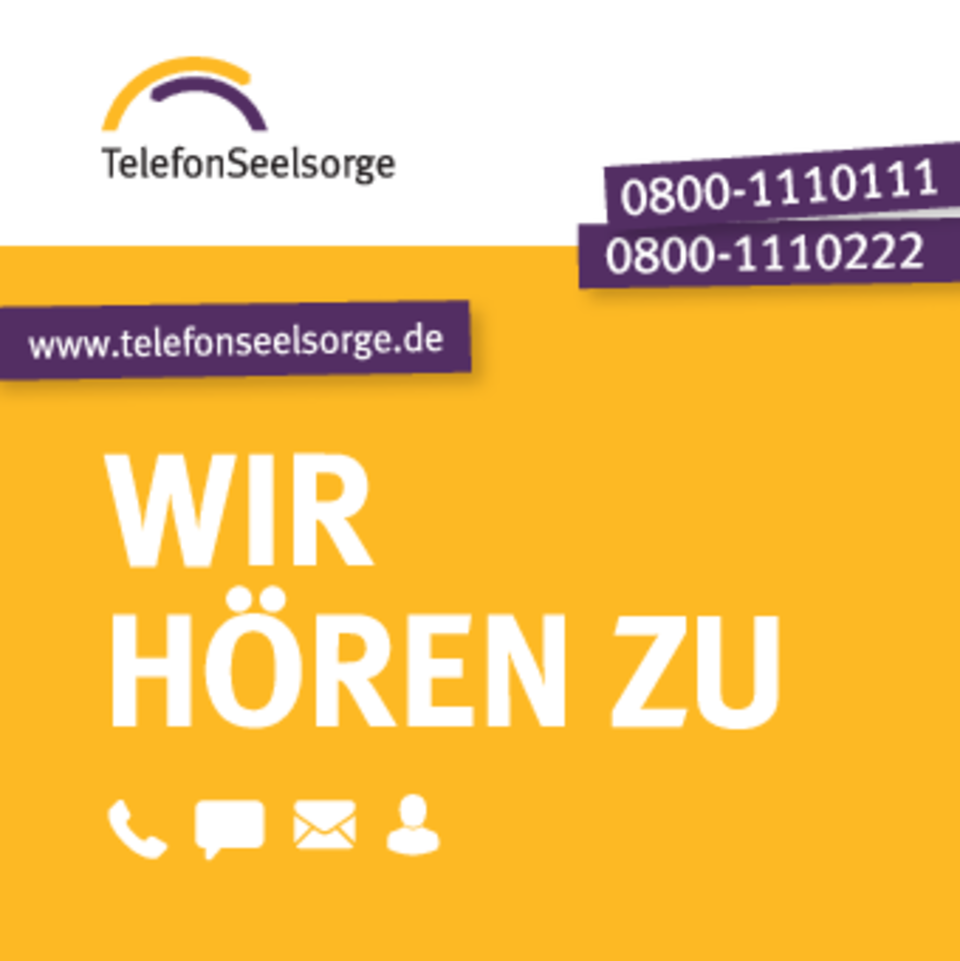 Logo Telefonseelsorge Deutschland Wir hören zu: Logo der Telefonseelsorge Deutschland mit der Telefonnummer