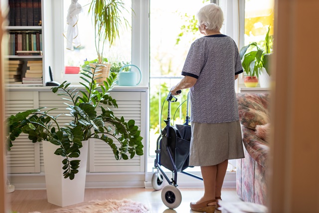 Eine alte Frau steht mit dem Rollator in der Wohnung und blickt aus dem Fenster