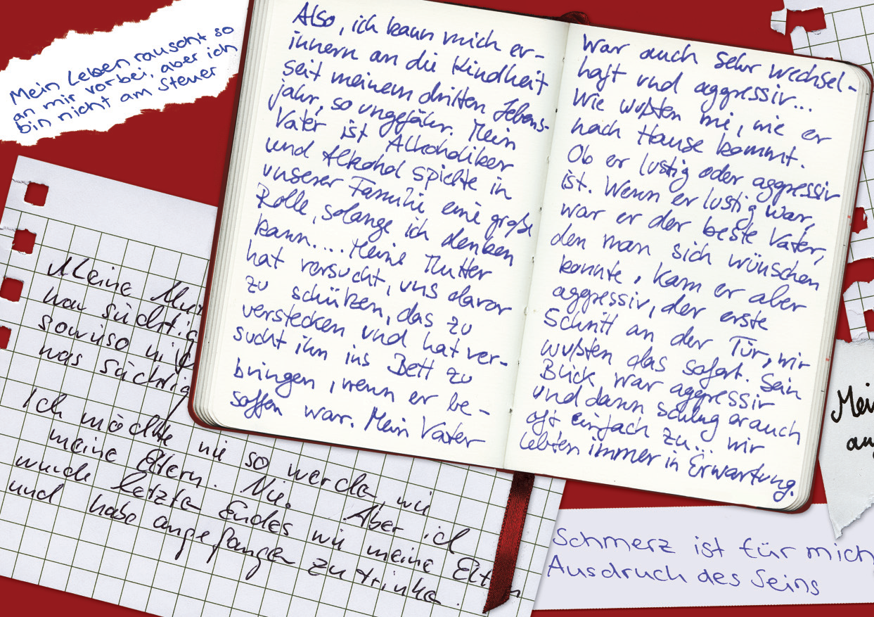 Handschriftliche Zitate von Kindern aus suchtbelasteten Familien